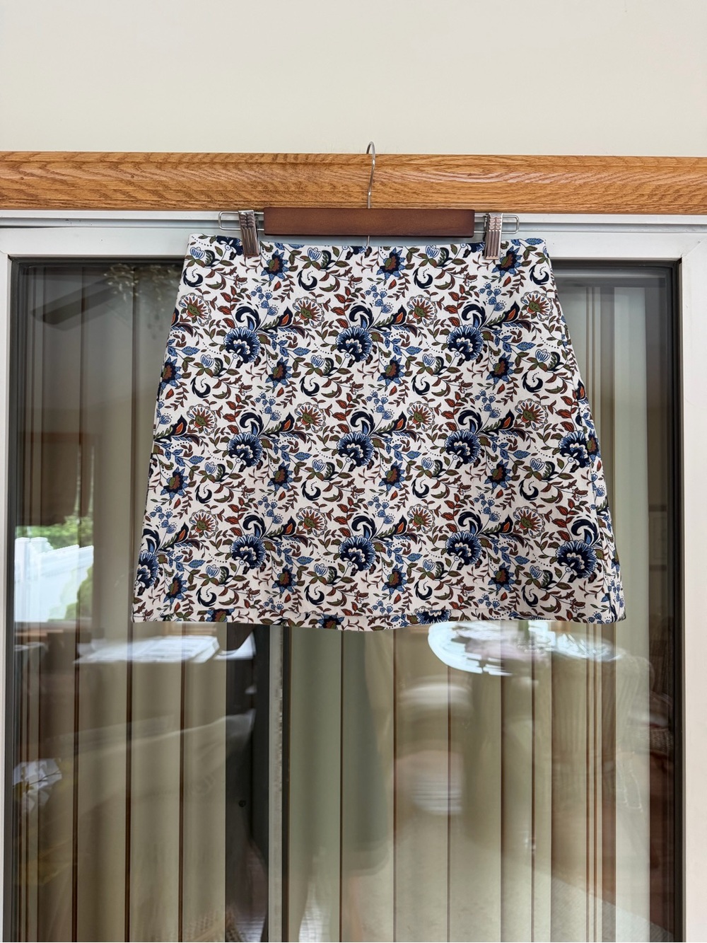 Floral Mini Skirt in White with Blue and Brown Print